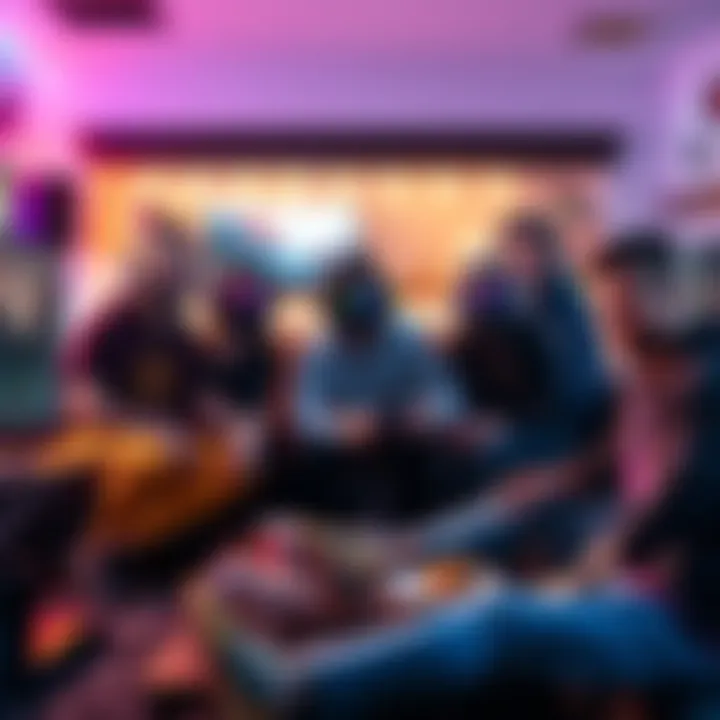 A group of relaxed gamers enjoying a weekend gaming session in New Zealand, surrounded by gaming setups and snacks.