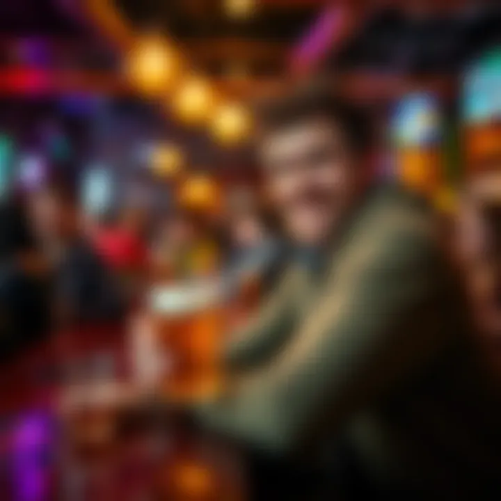 River enjoying time with friends at a lively bar, smiling and holding a beer, with cozy atmosphere and friends around