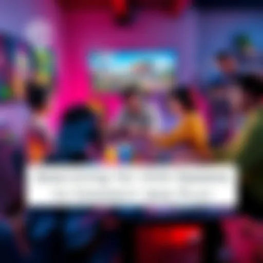 A group of diverse gamers chatting and playing video games together on their computers, with gaming posters and snacks around them.