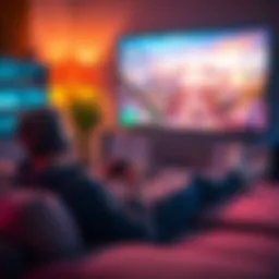 A person relaxing on a couch with a game controller in hand, headphones on, with a soothing gaming scene on the screen.