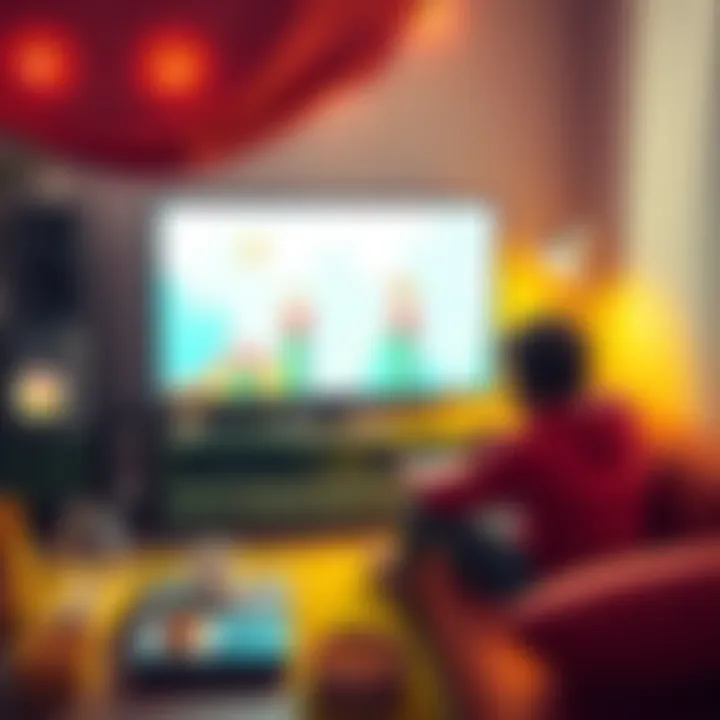 A cozy gaming setup featuring a colorful 2D platformer on screen, with a person relaxed on a couch and snacks nearby.