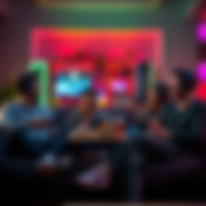 A group of friends enjoying a slower-paced multiplayer Xbox game together on a couch with snacks and drinks.