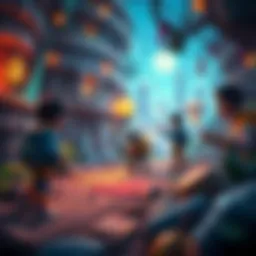 A scene showcasing characters exploring a colorful game world with puzzles and intriguing elements.