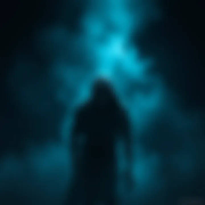 A dark and eerie scene featuring Adam Smasher standing menacingly with a shadowy background, capturing the essence of fear and dread.