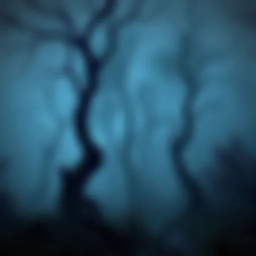A dark and eerie forest environment with twisted trees and fog, creating a suspenseful atmosphere in a video game.