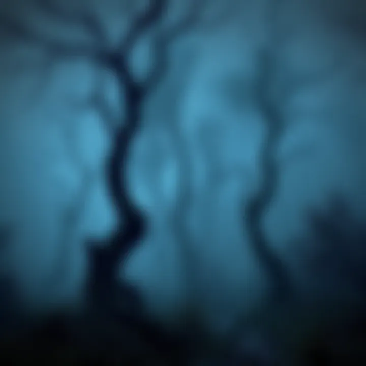 A dark and eerie forest environment with twisted trees and fog, creating a suspenseful atmosphere in a video game.