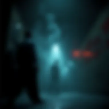 A dark scene from a horror game showing a character in a tense situation, surrounded by creeping shadows and eerie sounds.