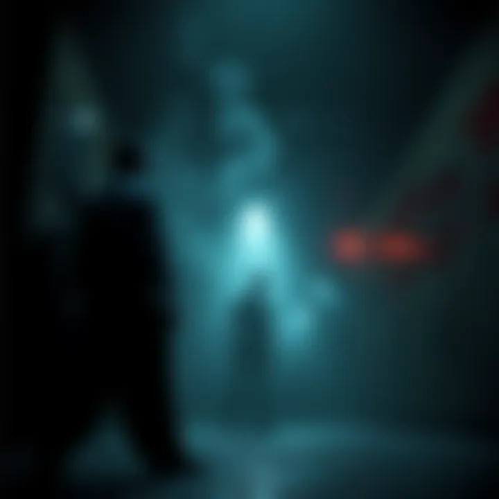 A dark scene from a horror game showing a character in a tense situation, surrounded by creeping shadows and eerie sounds.