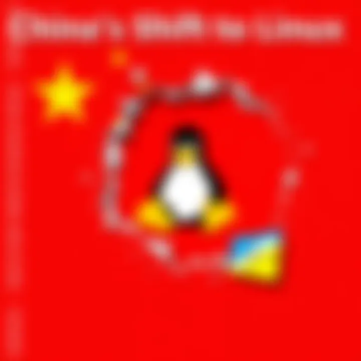 China's Shift to Linux A collage showing the Chinese flag, the Linux logo, and a Windows logo fading away, symbolizing China's transition from Windows to Linux.