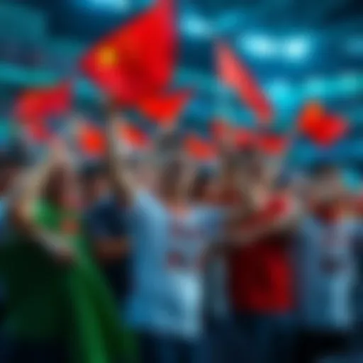 A large group of enthusiastic Chinese fans wearing Team Spirit jerseys, waving flags, and cheering in a stadium during a match.