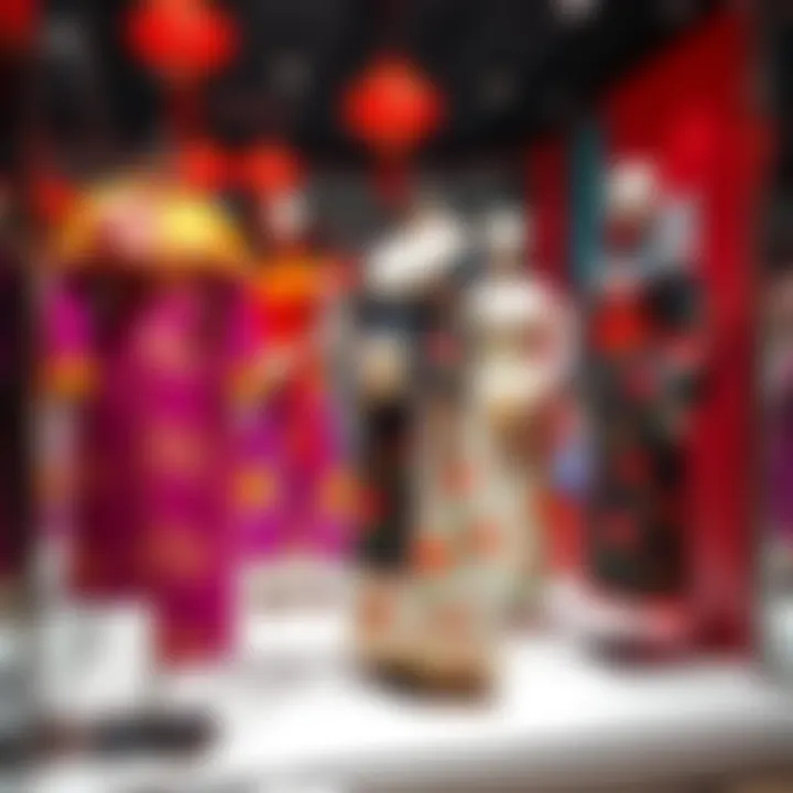 Various Chinese Linlang outfits displayed on mannequins showcasing colorful styles and designs in a vibrant setting