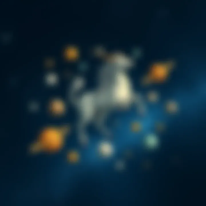 Illustration of Chiron surrounded by other astrological bodies representing his cousins in astrology, with a night sky background full of stars.