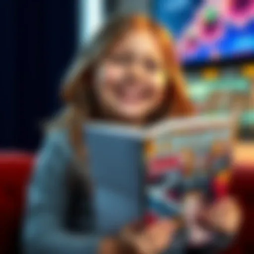 A cheerful girl named Chloe laughing while holding a comic book that features Thor and his sister