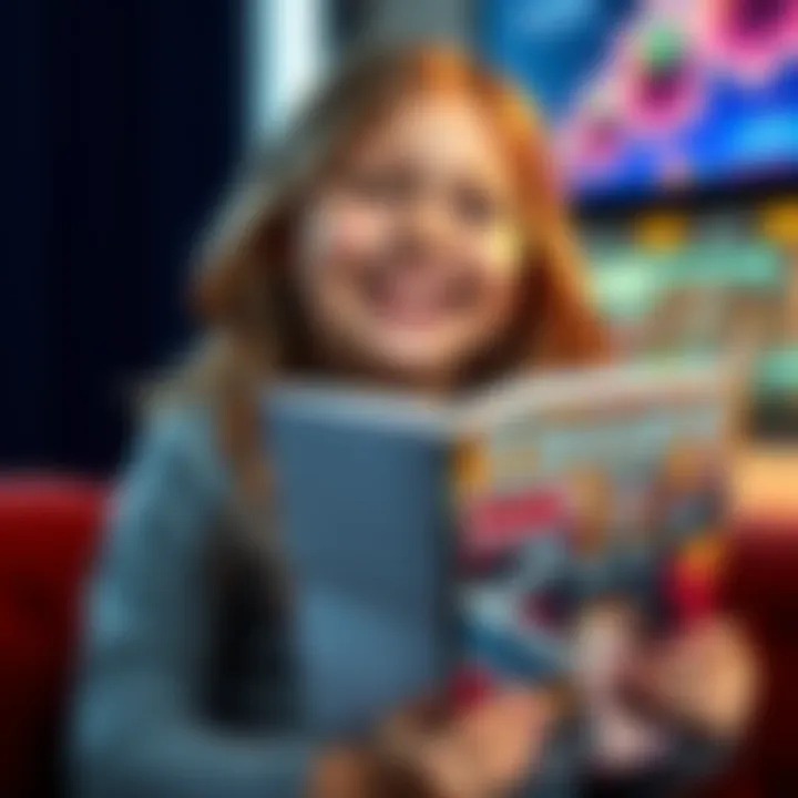 A cheerful girl named Chloe laughing while holding a comic book that features Thor and his sister