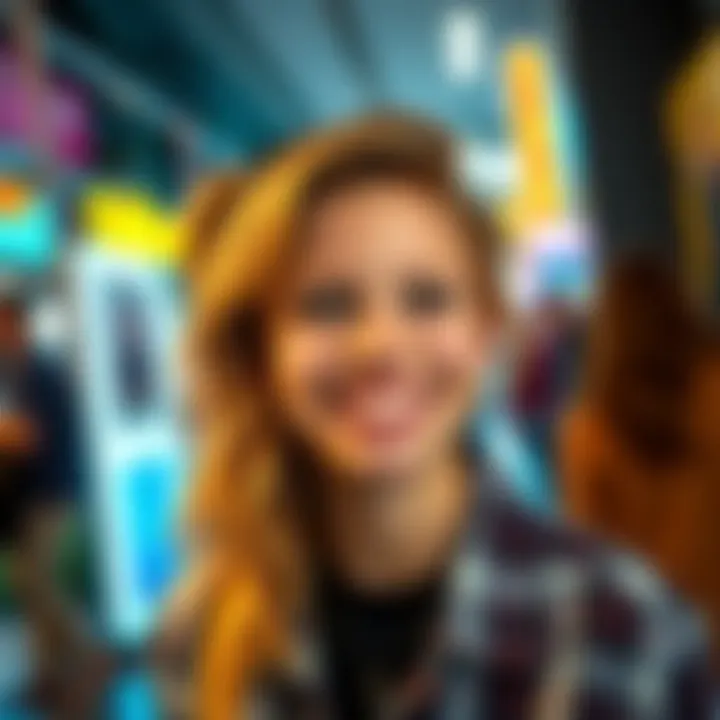 Chloe displays her vibrant personality with a big smile, showcasing her charm and creativity in a lively setting.