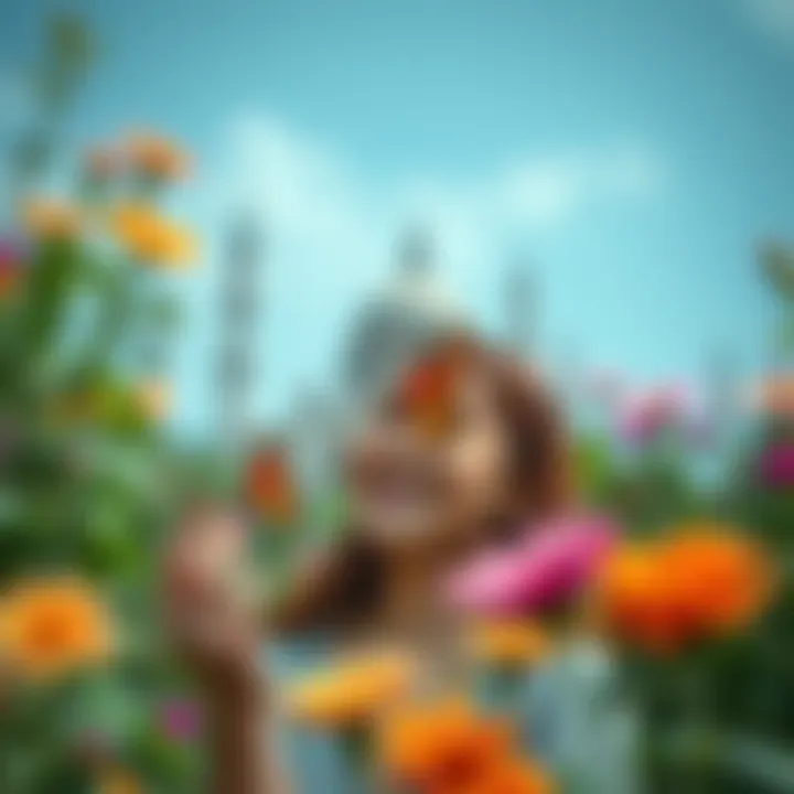 Chloe is smiling while holding a butterfly in her hand, surrounded by flowers and greenery.
