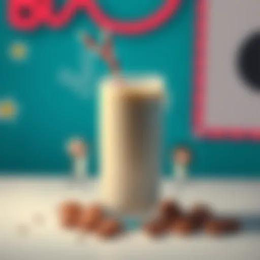 A glass of choccy milk with a straw, surrounded by playful drawings representing nostalgic moments, like kids laughing and having fun.