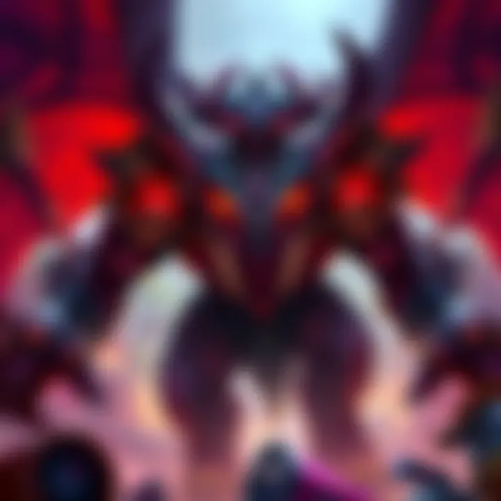 A detailed depiction of Cho'Gath, a large monster with a fierce appearance, showcasing his intimidating features and vibrant colors in a gaming environment.