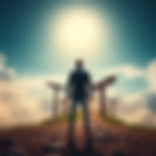 A person standing at a crossroads, looking at different paths representing choices in life.