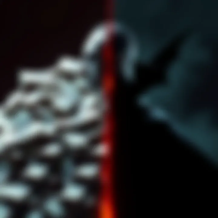 A split image showing a pile of cash on one side and a shadowy figure resembling Dracula on the other, symbolizing the choice between wealth and immortality.