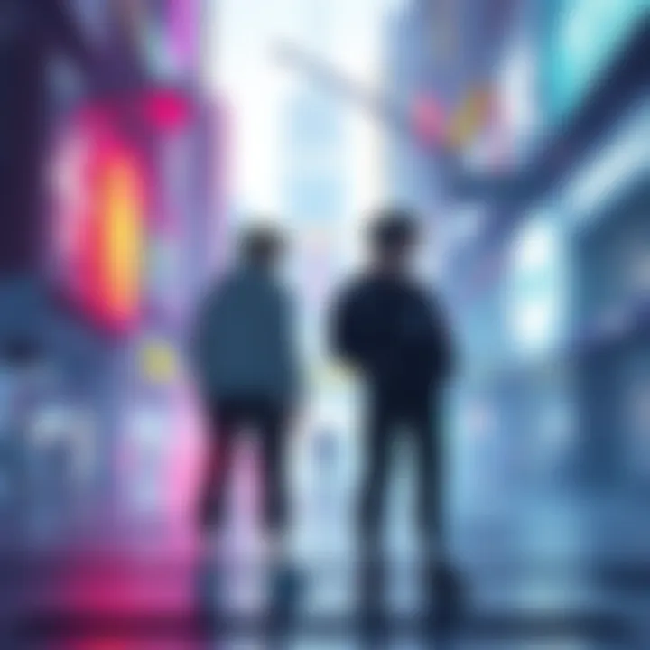 Two characters, Takemura and Reid, standing apart in a futuristic city, contemplating their choices amidst corporate logos and neon lights.