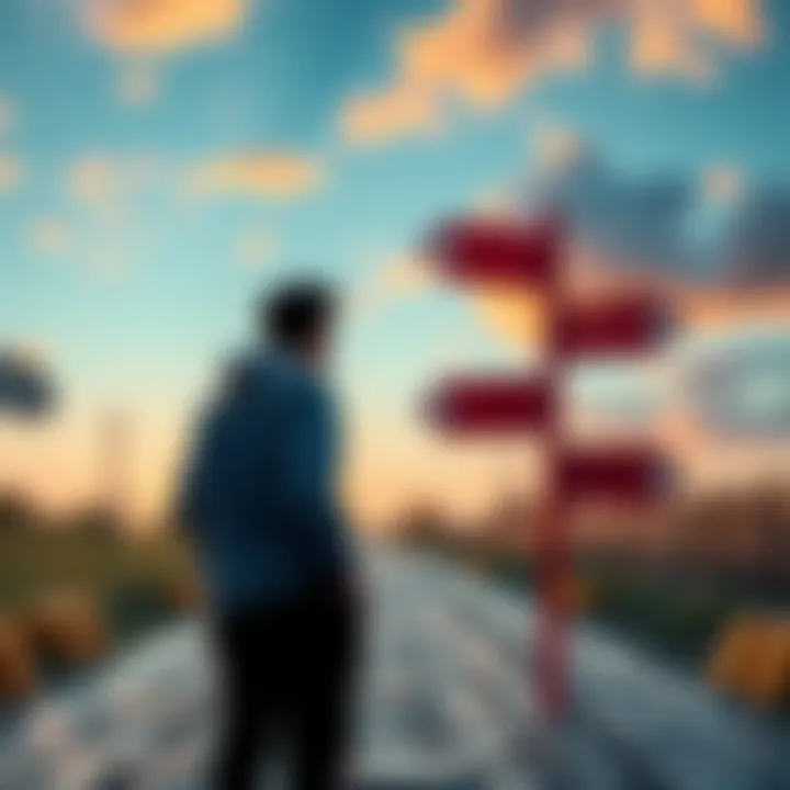 A person standing at a crossroads, pondering their decisions with signs pointing in different directions, symbolizing the impact of choices on life.