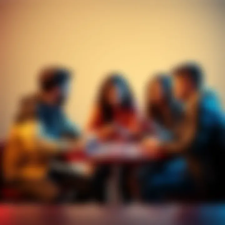 A group of friends discussing tough choices in the Would You Rather game while seated around a table with game cards.