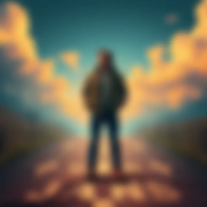 A person stands at a crossroads, contemplating various paths they can take, symbolizing the different endings of a story, with thoughtful expressions and surroundings suggesting decision-making.