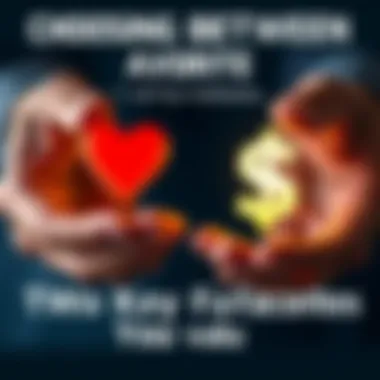 A close-up of two hands, one holding a heart symbol and the other holding a dollar sign, representing choices in priorities.