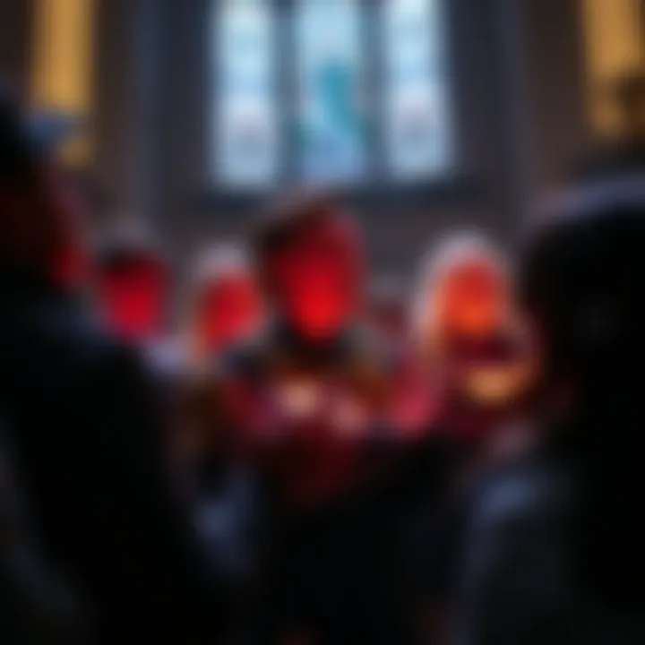 A church choir singing the Halo theme, with passionate expressions and a captivated audience