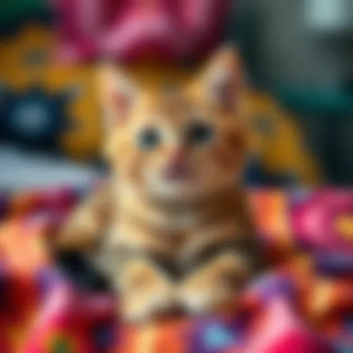 A cute, chubby cat with big eyes lounging on a colorful blanket, capturing attention with its playful pose.