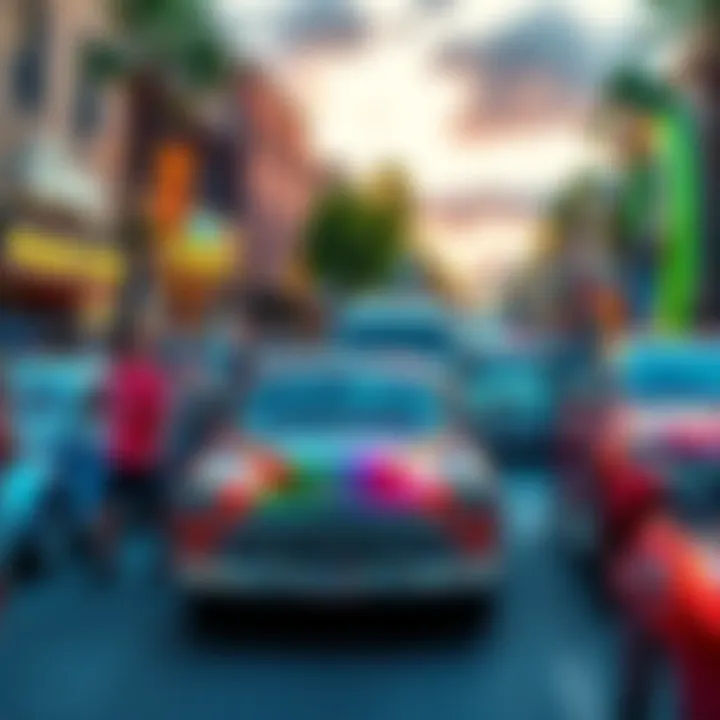 A lively scene on Jig-Jig Street featuring colorful chrome cars and people enjoying Choom culture.