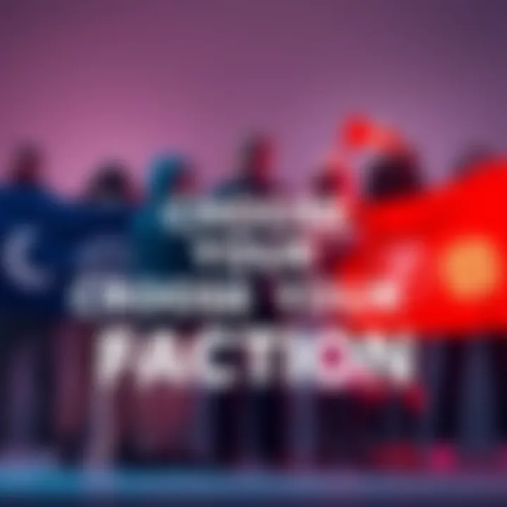 A group of diverse people standing together, each representing a different faction with unique symbols and colors, discussing their choices passionately.