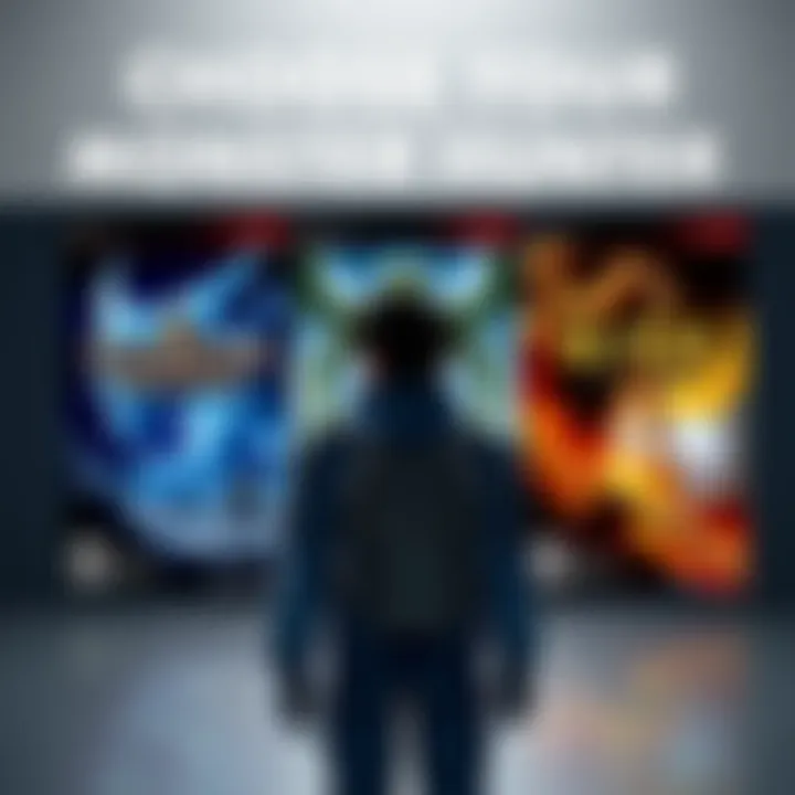 A gamer stands in front of three different Monster Hunter game covers: Iceborne, Wilds, and Rise, looking thoughtful about which one to play.