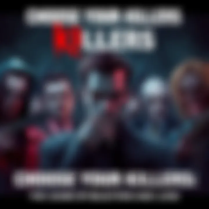 Choose Your Killers A group of diverse fictional licensed killers with intense expressions, pondering their selection in a dark room, three characters fading into the background to symbolize loss.