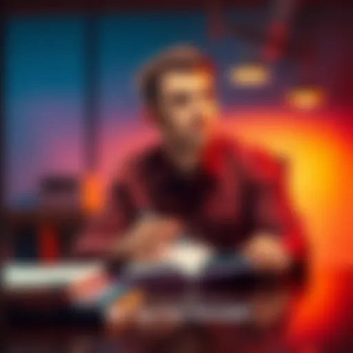 A person sitting at a desk with a notebook, weighing different choices with a thoughtful expression.