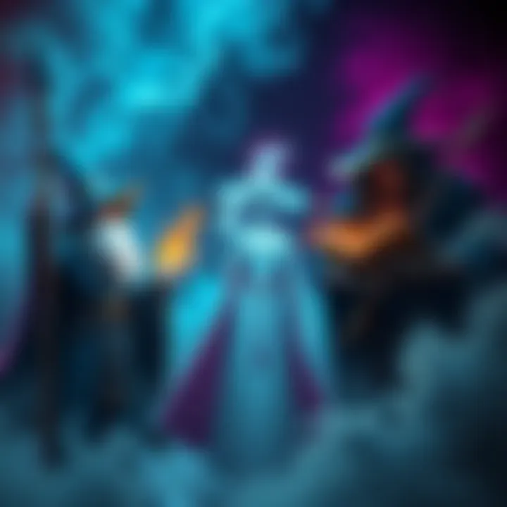 A player looks at three character options: a wizard with a staff, a sorcerer casting spells, and a warlock with a mystical book in a fantasy setting.