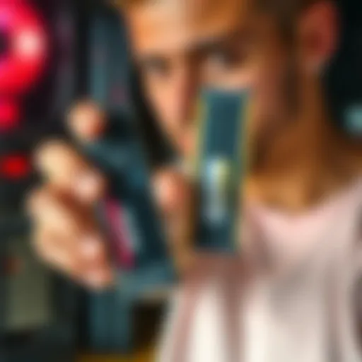 A person holding two RAM sticks labeled 16 GB and 32 GB, comparing them for a new PC build.