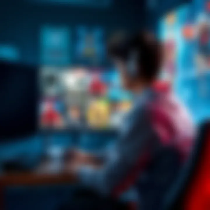 A gamer sits in front of a computer with various game covers displayed, contemplating which game to play first.