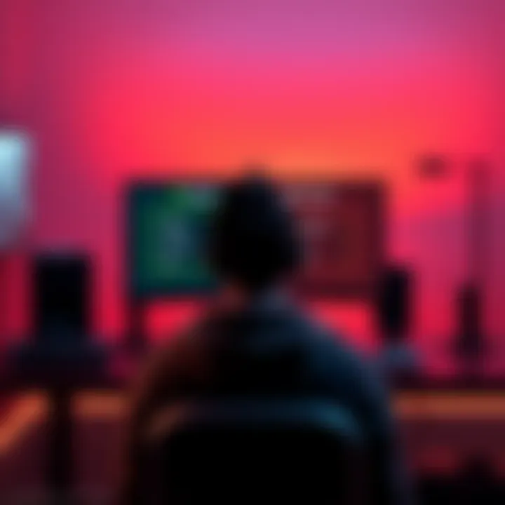 A gamer sits in front of a computer with different DLSS 4 mode options displayed on the screen, showing Quality, Balanced, and Performance settings.