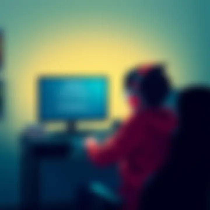 A gamer sits at a desk, contemplating their choice of difficulty settings for a video game on their screen, which shows options for grounded mode and listen mode.