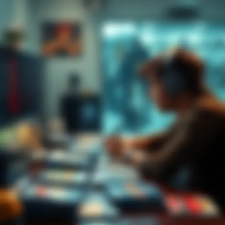 A person looking at a variety of video game covers on a table, considering which game to play next.