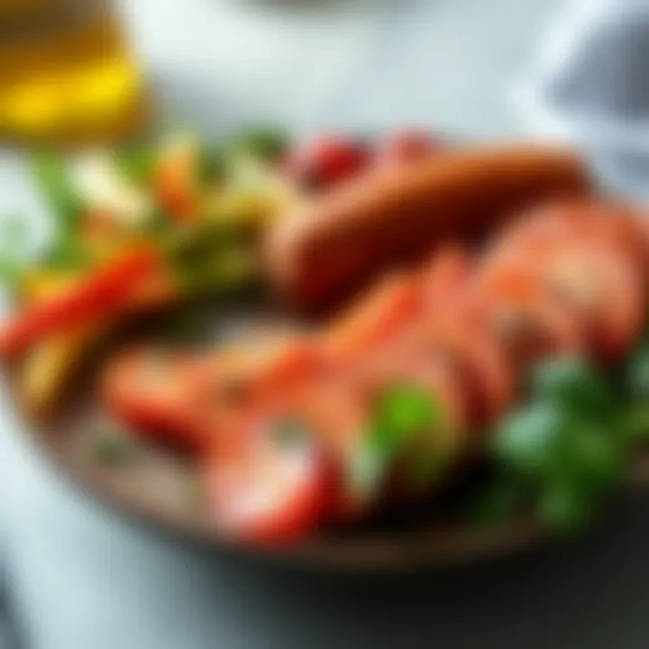 A colorful plate featuring slices of chorizo alongside vegetables and herbs, showcasing its vibrant color and texture.