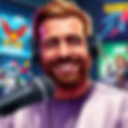 Chris Judge Teasing New Game Chris Judge smiling while hinting at a new game announcement, surrounded by gaming posters and a microphone