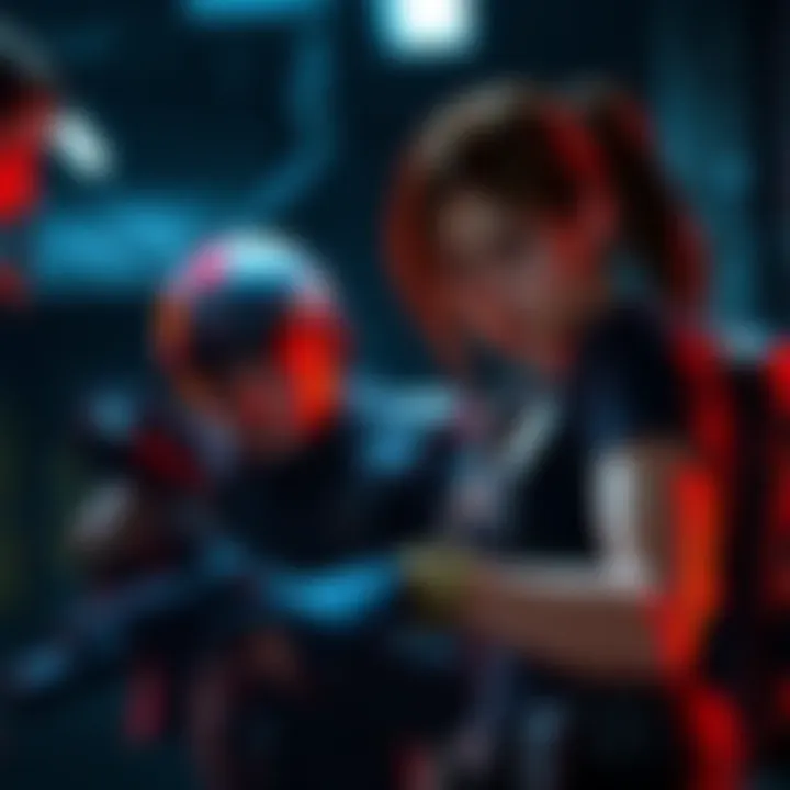 Chris and Mia preparing for a mission together in Resident Evil 10, ready for action in a dark environment.