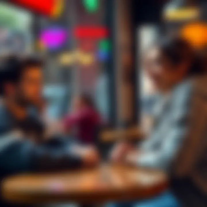 Chris looks concerned while Claire chats and laughs with her friend Leon at a cafe table