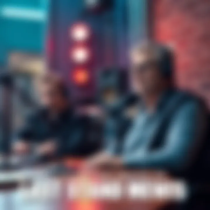 Chris and Dustin discussing on a podcast set with microphones and headphones