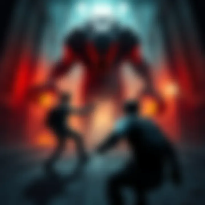 Chris and Leon confront a terrifying monster in a dark, abandoned building, showcasing their bravery and teamwork.