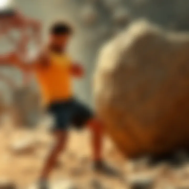 Chris using his fists to move a large boulder during training