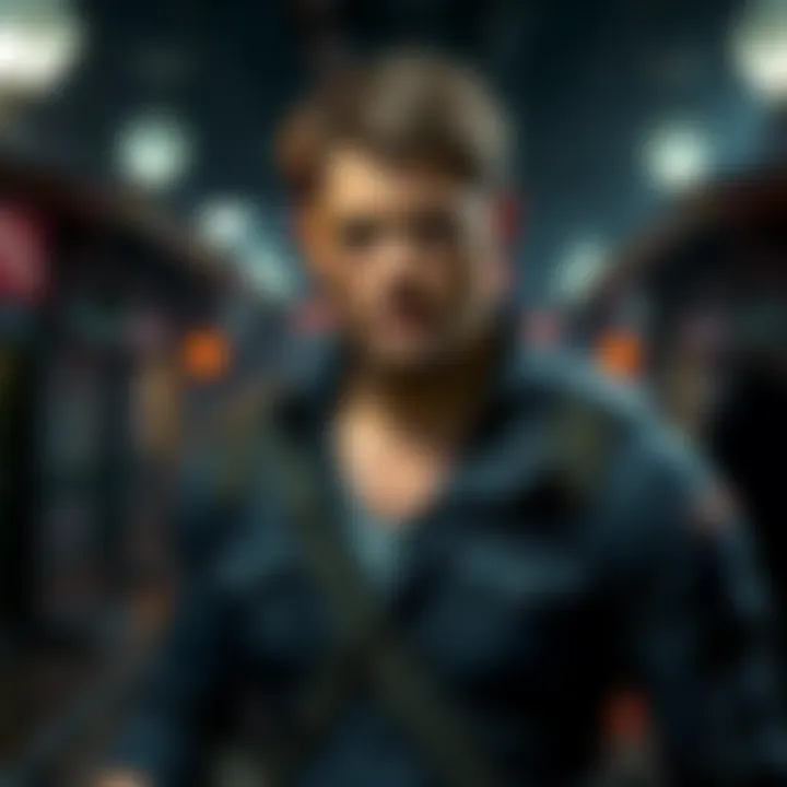 Chris Redfield with an intense expression, standing in a dark setting, showcasing his rugged look and military attire